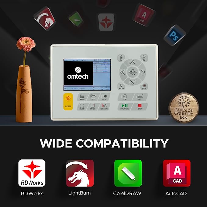 OMTech 90W CO2 Laser Engraver, 28"x20" Cutting & Engraving Machine with Air Assist, 4-Way Pass, Caster Wheels, RDWorks, for Wood, Glass, Acrylic, Leather, Cardboard