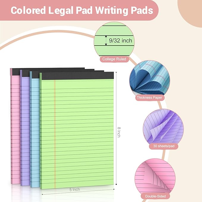 Legal Pads 5x8, College Ruled Paper, Colored Note Pads 5x8, Pink Legal Pad, Purple Notepad, 4 Pack Small Notepads, 30 Sheet/Notepad,Lined Paper with Sturdy Backboard, Note Pad for School,Business,Home