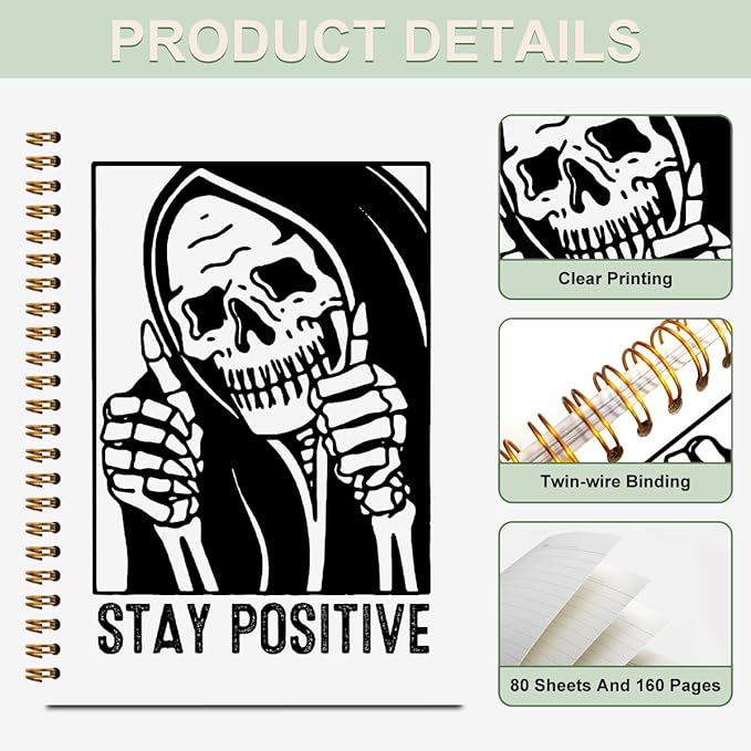 2 Pcs Funny Goth Skull Spiral Notebook, Gothic Skeleton Journaling Notebooks Goth Accessories Gifts for Women Teacher Note Books Journals for Writing Hardcover Notebook Office College Supplies