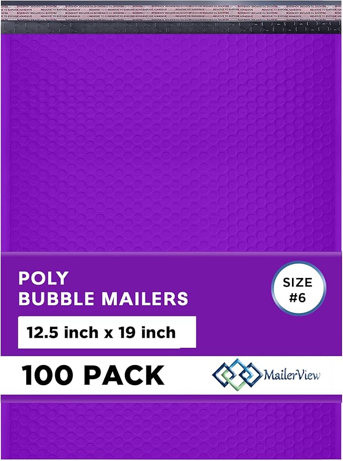 Purple 12.5x19.5 Inch Large Poly Bubble Mailers #6 | Padded Envelopes with Self Seal | Air Lined Cushioned Bubble Mailer | Usable Size 12.5x15 | 100 Pack Bulk | Lightweight shipping Bags