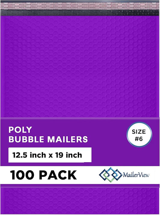 Purple 12.5x19.5 Inch Large Poly Bubble Mailers #6 | Padded Envelopes with Self Seal | Air Lined Cushioned Bubble Mailer | Usable Size 12.5x15 | 100 Pack Bulk | Lightweight shipping Bags