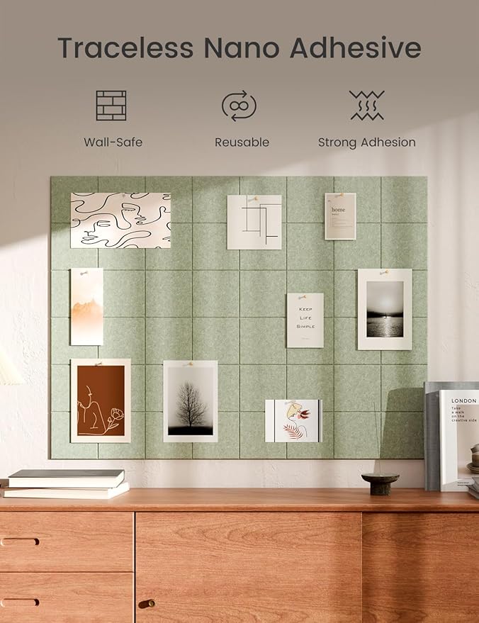 Bumusty Large Cork Board Alternative-47 x35 Felt Bulletin Board Tiles, with 30 Pushpins, 70 Adhesive Tabs, 12-Pack Slat Wall Paneling, Cork Boards for Office Push Pin Board Felt Board-Sage