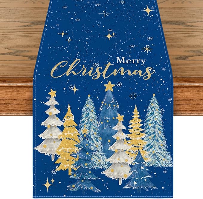 Artoid Mode Xmas Trees Merry Christmas Table Runner, Seasonal Winter Blue Kitchen Dining Table Decoration for Home Party Decor 13x72 Inch