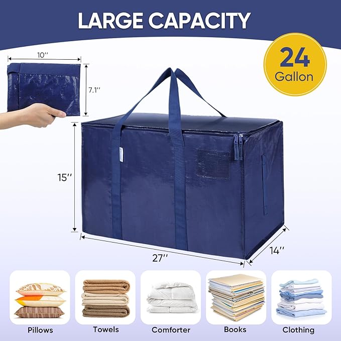 TICONN 4 Pack Extra Large Moving Bags with Zippers & Carrying Handles, Heavy-Duty Storage Tote Moving Boxes for Space Saving (4 Pack, Navy)