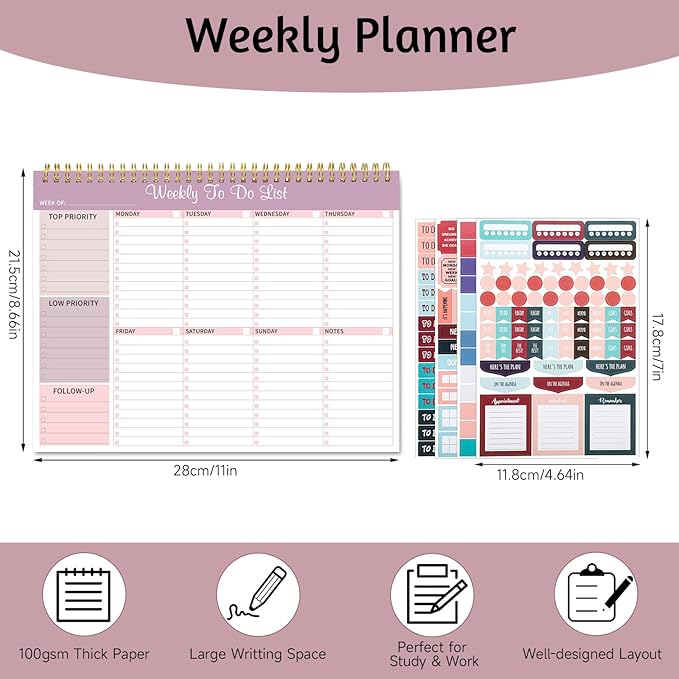 Weekly To Do List Notepad, 8.5''x11'' Weekly Desk Planner with 52 Tear Off Sheets Undated Weekly Planner Habit Tracker & Productivity Organizer for Home School and Work, Lilac