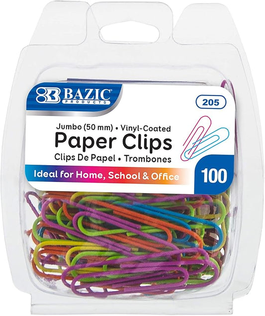 BAZIC Products Paper Clips – Assorted Color Jumbo 50mm, Color-Coated Metal Large Paper Clips for Office, Home, and School Use, 100/Pack, 24 Packs