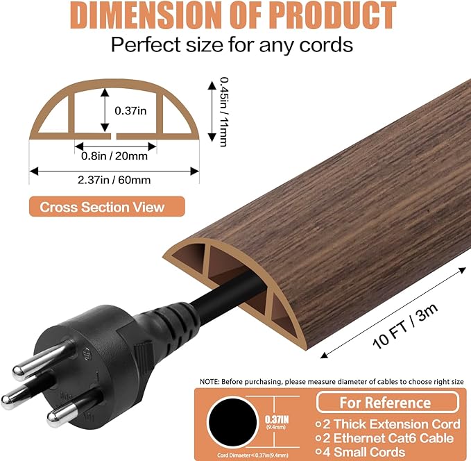 Floor Cord Cover Cable Cavity Self Adhesive Cord Hider Floor Floor Cable Management Power Cord Protector Floor Electric Cord Covers for Offices, Gym, Exhibitions (Misty Brown Wood, 2.36" x 10')
