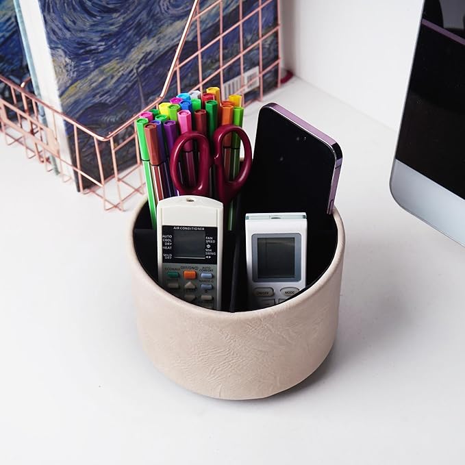 Hennaja Round Leather Art Supply Organizer,Remote Control Holder,360 Degree Spinning,Multi-Functional Pencil Holder,4 Compartments Desktop Stationary Organizer(1-Crazy White)