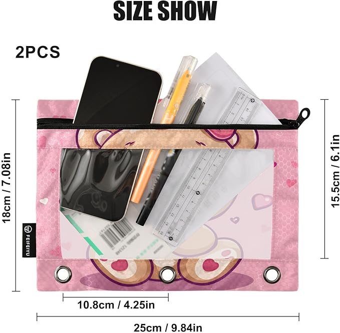 Cute Teddy Bear Pencil Pouch for 3 Ring Binder, 2 Pack Waterproof Pencil Bags Clear Window Zipper School Office Supplies
