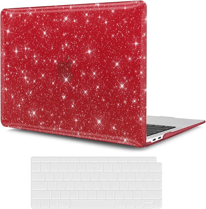 KEROM Red Glitter Case for MacBook Air 13 inch 2022-2018 M1 A2337 A2179 A1932, Glitter MacBook Air M1 Case - Shiny Bling Sparkle Plastic Hard Shell & Keyboard Cover for Mac Air 13.3 inch, Wine Red