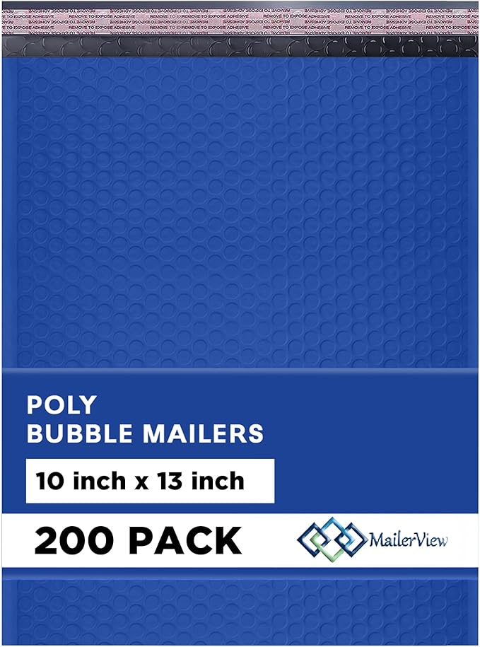 Royal Blue 10x13 Inch Poly Bubble Mailers |Self Seal Padded Envelopes for Thick books | Cushioned Bubble Mailer | Usable Size 9.5x13 Inch | Waterproof Lightweight Mailing Shipping Bags | 200 Pack Bulk