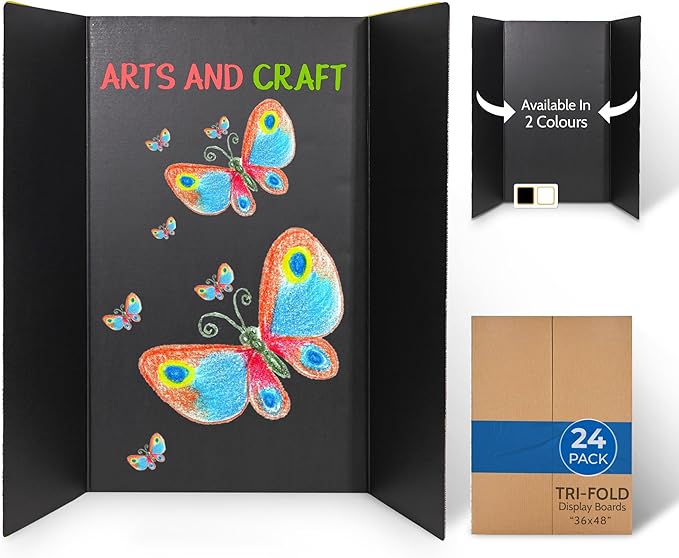 EPI Tri Fold Cardboard Display Board. Large 36 x 48in Black Tri-fold Poster 24 Pack. Professional Presentation Boards with Rounded Corners for Science Fair Project, School and Business Presentations