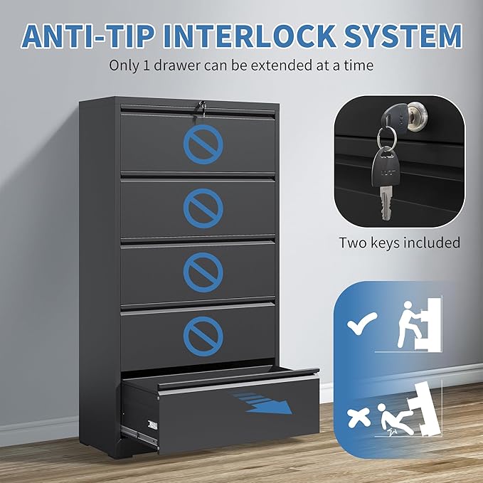 File Cabinets 5 Drawer,Metal Office Storage Filing Cabinet with Lock,Black Lateral Filing Cabinet for Home Office,Horizontal Locking File Cabinets for Legal/Letter/A4,Assembly Require,Black