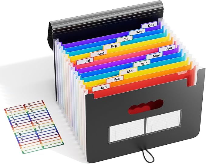 ABC life 12 Pockets Accordion File Organizer Expanding File Folders, Portable Letter A4 Size Filing Box, Plastic Monthly Bill Receipt Document Organizer, Expandable Accordian Folder with Colored Tabs