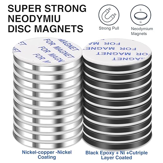 LOVIMAG Strong Magnets, Powerful Disc Magne with Double-Sided Adhesive, Heavy Duty Rare Earth Neodymium Magnets for Fridge, Office, Science, DIY-1.26inchx1/8 inch, Pack of 20 (10 Black, 10 Silver)