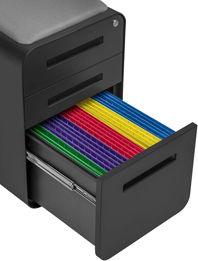 Laura Davidson Furniture STOCKPILE Curve Seated 3-Drawer Mobile File Cabinet with Removable Magnetic Cushion Seat - Metal Filing Cabinet, Pre-Assembled, Black with Dark Grey Cushion