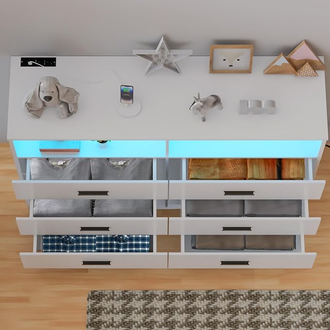 Dresser with Power Outlets and LED Lights Wooden 6 Drawer Dresser with Large Organizer Tall White Drawer for Bedroom Modern Chest of Drawers Closet for Living Room Kids Room