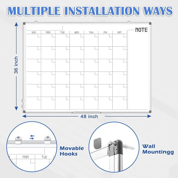 WALGLASS Dry Erase Calendar Whiteboard, 48" x 36" Monthly Large Dry Erase Calendar for Wall, Double-Sided Hanging White Board with Silver Aluminum Frame for Home, School, Office, Kitchen