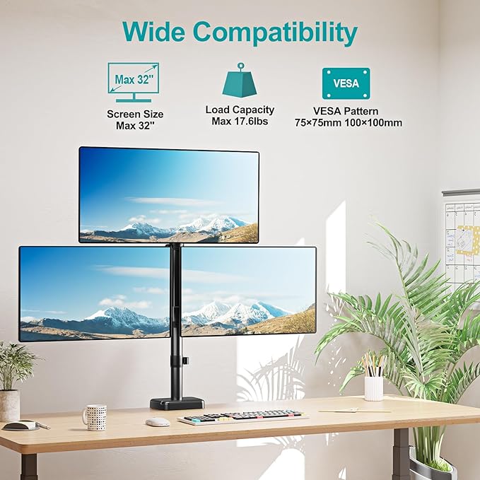 MOUNT PRO Triple Monitor Mount for Max 32" Computer Screen, Adjustable 3 Monitor Desk Mount, up to 17.6lbs Each, Gas Spring Three Display Arm with Tilt Swivel Rotation, VESA Mount 75x75/100x100mm