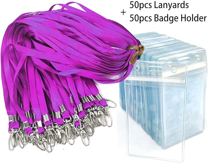 Lanyard with ID Holder 50 Pcs Waterproof Name Tag Badge ID Card Holders ID Pass Holder and 50 Pcs Flat Neck Lanyards Swivel Hook (Purple, Vertical)