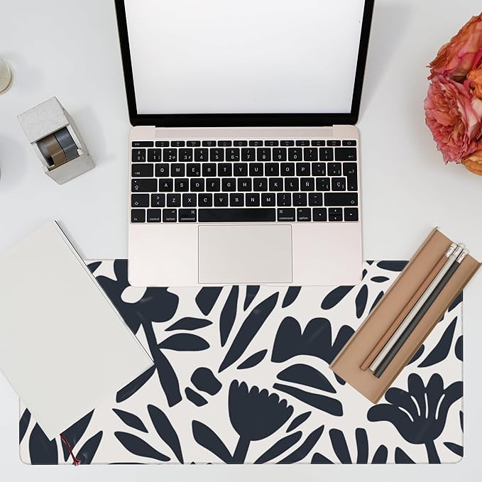 Desk Pad,Hand Drawn Leaves and Flowers Desk Mat,Abstract Plant Large Gaming Mouse Pad for Desk,Extended Big Computer Keyboard Mouse Pad with Non-Slip Base and Stitched Edge,35.4"x15.7"