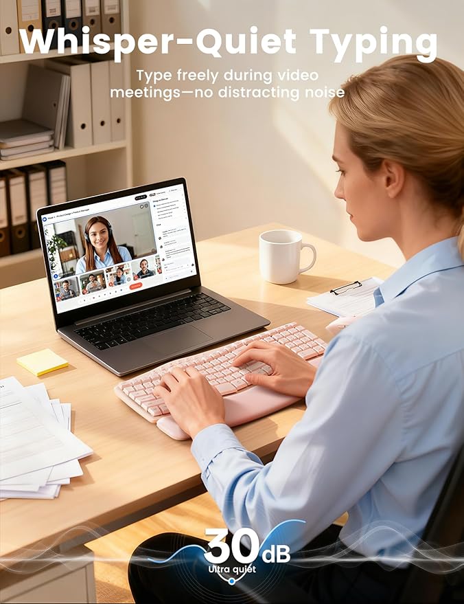 Pink Quiet Wireless Keyboard and Mouse Combo, 2.4G Ergonomic Wave Key Board with Cushioned Plam Rest, Full-Size Soft Typing Keyboards, 3 DPI Adjustable Silent Mouse for Computer/Laptop/Windows/Mac