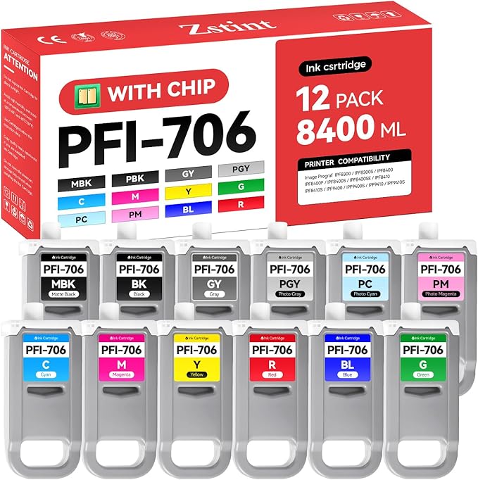 PFI-706 Pigment Ink Tank 12-Pack 700ml Ink Cartridges Compatible with Canon ImagePROGRAF iPF8300 iPF8300S iPF8400F iPF8400S iPF8400SE iPF9400 iPF9400S iPF8400 iPF8410 iPF9410 iPF8410S iPF9410S Printer