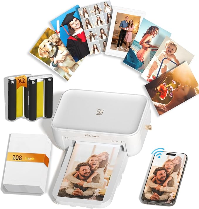 CP4100 4x6 Photo Printer with 108 Sheets & 2 Ribbons, Full-Color Thermal Dye Sublimation Wi-Fi Printing, Portable Instant Picture Printer for iPhone/Android, AR Video, Fun App, Home Use, White