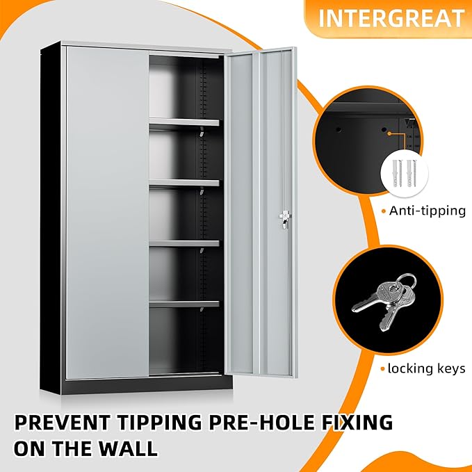 INTERGREAT Metal Storage Cabinet with Doors and Shelves,72" H Black Gray Steel Tool Locking Cabinet, Metal Storage Cabinet for Home Office, Warehouse, School