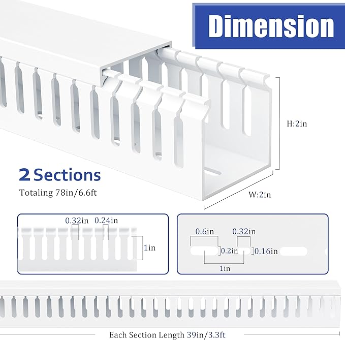 ZhiYo 2x2in Professional Server Rack Cable Management Raceway, 6.6ft (2 × 3.3ft) Cable Raceway Kit, Electrically Safe PVC Open Slot Wire Cover, Cord Hider for Under Desk/Computer/Network Cords White