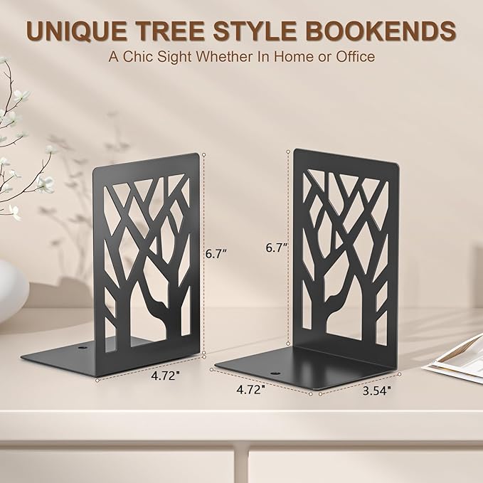 VFINE 6-Piece Modern Metal Bookends for Shelves, Black Tree Book Ends for Books, Decorative Book Organizer for Desk, Non-Skid Shelve Bookends for Home Office