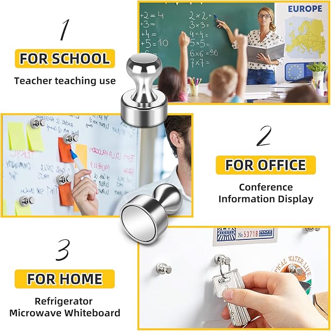 Strong Fridge Magnets, Push Pin Magnets, Strong Refrigerator Magnet Strong, Magnetic Push Pins, Dry Erase Board Whiteboard Magnet for Fridge, Map Decor, Locker, Kitchen, Office, School