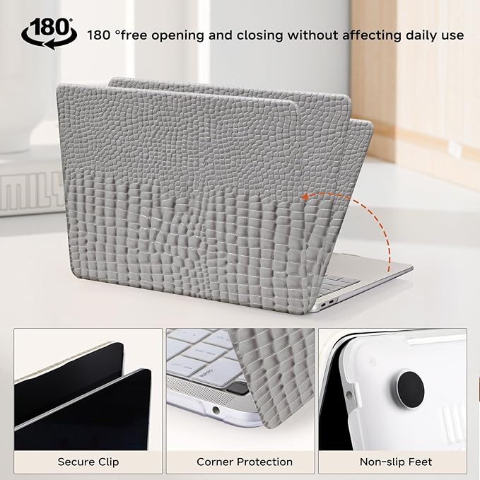 Crocodile Print Case for MacBook Air 13 inch M4 M3 M2 2025-2022 A3240 A3113 A2681,for Mac Air M4 Alligator Snake Textured Leather Glossy Cute Hard Shell&Keyboard Cover for Mac Air 13.6,Grey