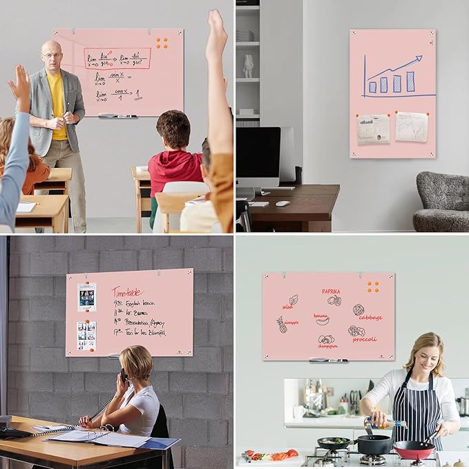 TSJ OFFICE Glass Dry-Erase Board - 36 x 24 Inches Wall Mounted Magnetic Whiteboard, Large Frameless Glass White Board for Office, Home & School, Pink