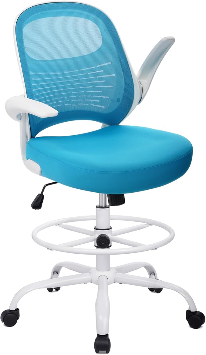 HYLONE Tall Drafting Chair Standing Desk Chair with Flip-Up Armrests, Adjustable Height Ergonomic Office Chair with Footrest Ring - High Stool Chair for Standing Desk (Blue)