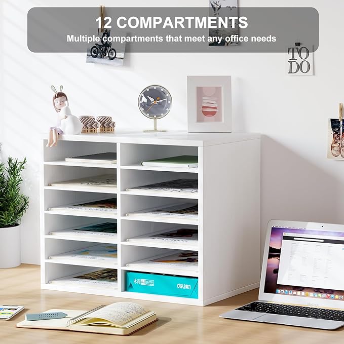 PAG Countertop Mail Sorter Organizer, Wooden Literature Organizer, Student Mailbox for Classroom, Desktop Bill Organizer for Office Home School, 12 Compartments, White
