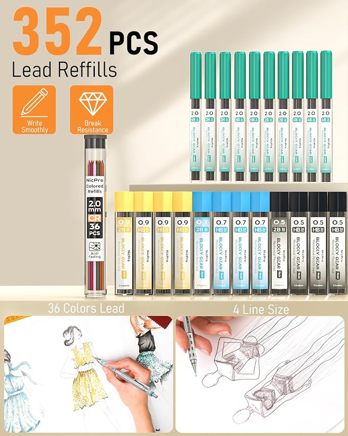 Nicpro Blocky Gear Metal Mechanical Pencil Set with Leather Case, 40PCS Art Drafting Pencil 0.5, 0.7, 0.9 & 2mm Lead Pencil with 352PCS (HB 2H 4H 2B 4B 6B Color) Lead Refills for Sketching Drawing