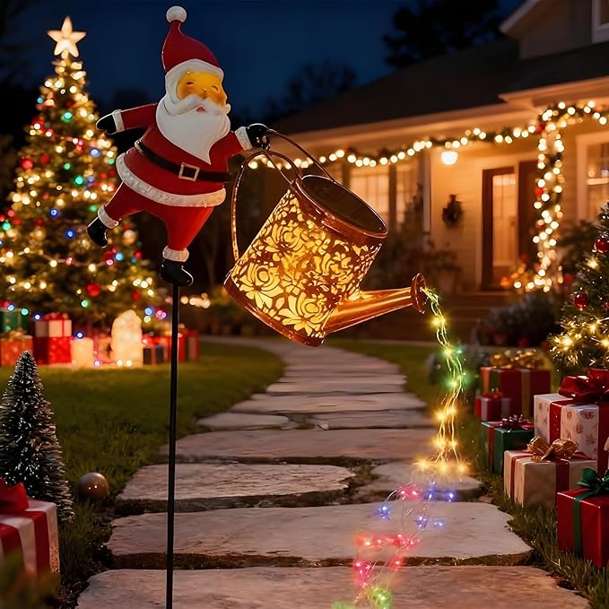 Solar Christmas Lights Outdoor, Waterproof Hanging Metal Watering Can Light Solar Christmas Decorations, Santa Solar Kettle Lights Holiday Displays for Garden Patio Path Yard Lawn (Colorful)