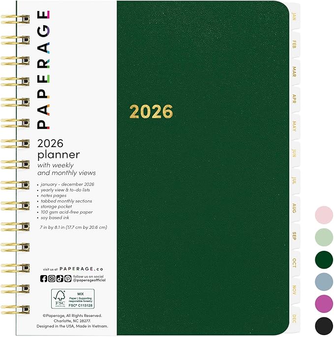 PAPERAGE 2026 Weekly & Monthly Planner, 12 Months (January 2026 - December 2026), 6.6 in x 8.1 in, Spiral Bound 2026 Planner with Weekly, Monthly & Yearly Views, Note Pages & Inner Pocket – Dark Green