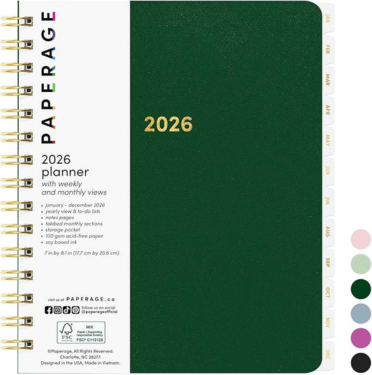 PAPERAGE 2026 Weekly & Monthly Planner, 12 Months (January 2026 - December 2026), 6.6 in x 8.1 in, Spiral Bound 2026 Planner with Weekly, Monthly & Yearly Views, Note Pages & Inner Pocket – Dark Green