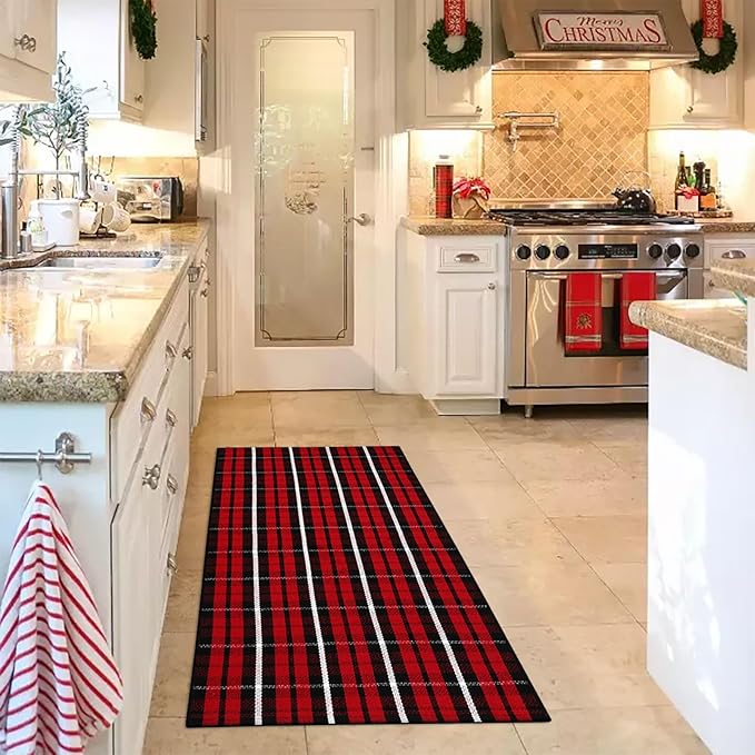 Buffalo Plaid Outdoor Rug Christmas Door Mat Christmas Decor Welcome Rug Cotton Hand-Woven Layered Door Mats for Front Porch, Kitchen, Farmhouse, Entryway (24"x51", Red/Black/White)