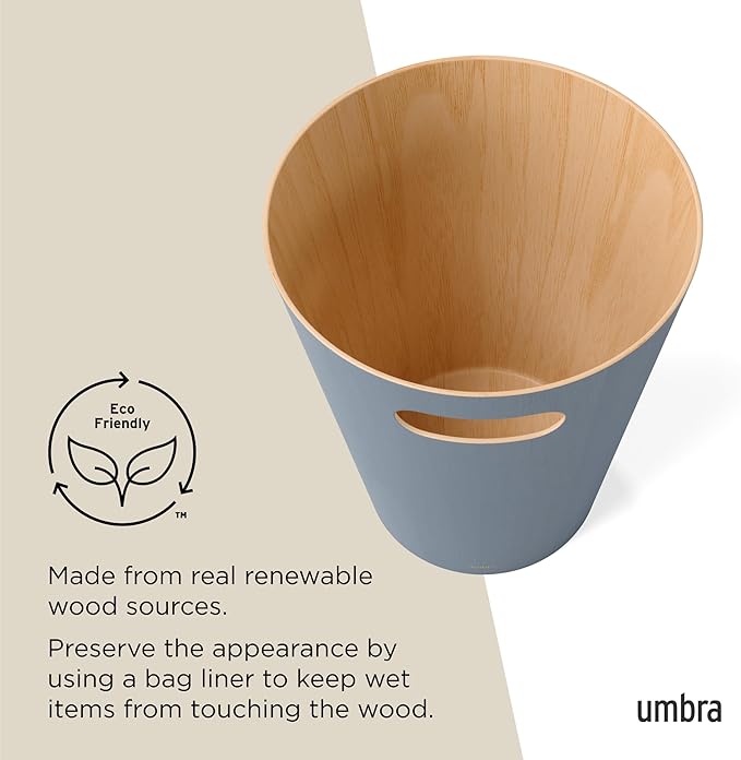 Umbra Woodrow 2-Gallon Modern Wooden Trash Can Wastebasket, Attractive Bin for Garbage or Recycling, Suitable for Home or Office, Slate Blue