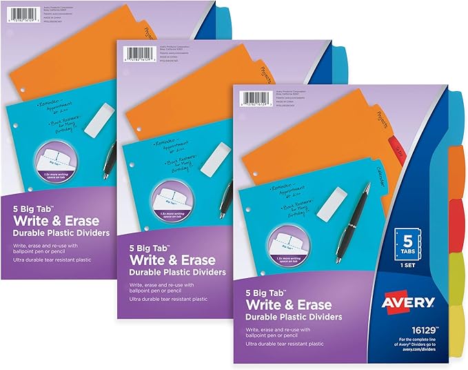 Avery Big Tab Write & Erase Durable Plastic Dividers, 5-Tab Set, Multicolor Brights, 3 Sets (21212)