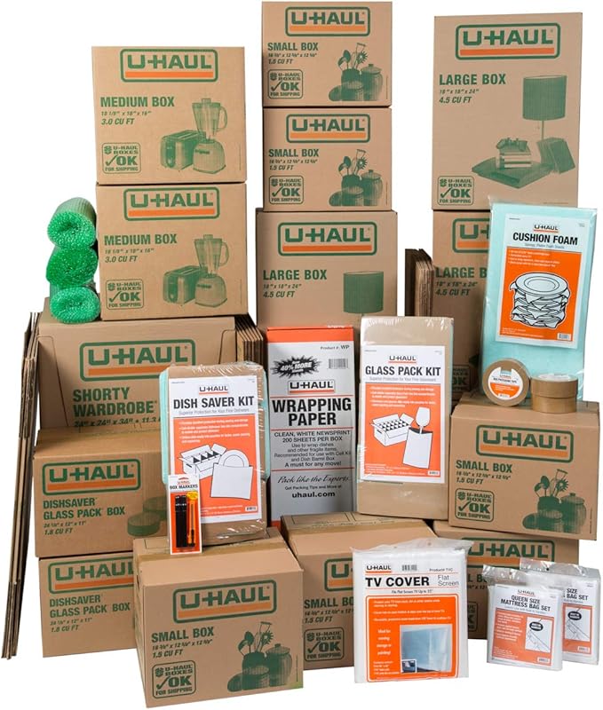 U-Haul Household Moving Kit - 36 Moving Boxes, 2 Wardrobe Boxes, 2 Dish and Glass Packing Kits, 2 Mattress Bags, Tape, and Assorted Supplies