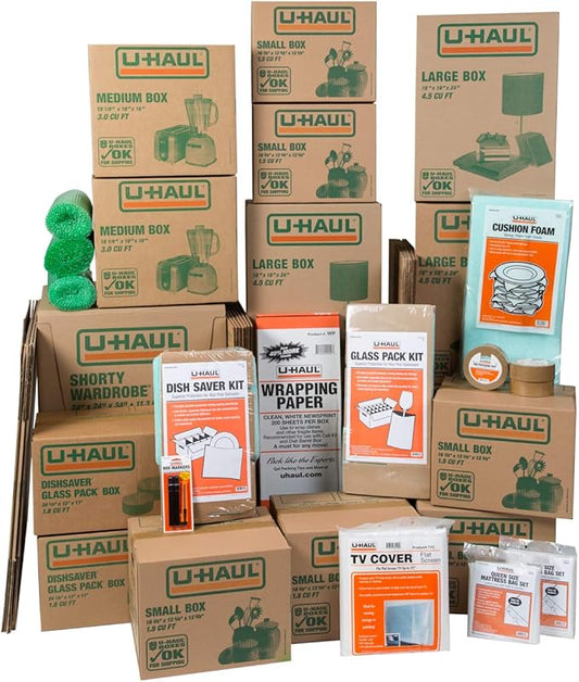 U-Haul Household Moving Kit - 36 Moving Boxes, 2 Wardrobe Boxes, 2 Dish and Glass Packing Kits, 2 Mattress Bags, Tape, and Assorted Supplies