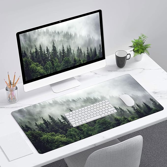 Misty Forest Gaming Mouse Pad Desk Pad Nature Fir Tree Woodland Large Gaming Mouse Mat with Stitched Edges,Non-Slip Waterproof Rubber Base Mous Mat Office Computer Keyboard Laptop Home 31.5"x11.8"