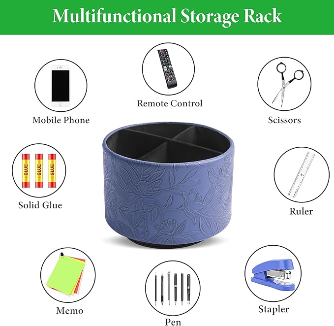 Hennaja Round Leather Art Supply Organizer,Remote Control Holder,360 Degree Spinning,Multi-Functional Pencil Holder,4 Compartments Desktop Stationary Organizer(1-Carved Dark Blue)