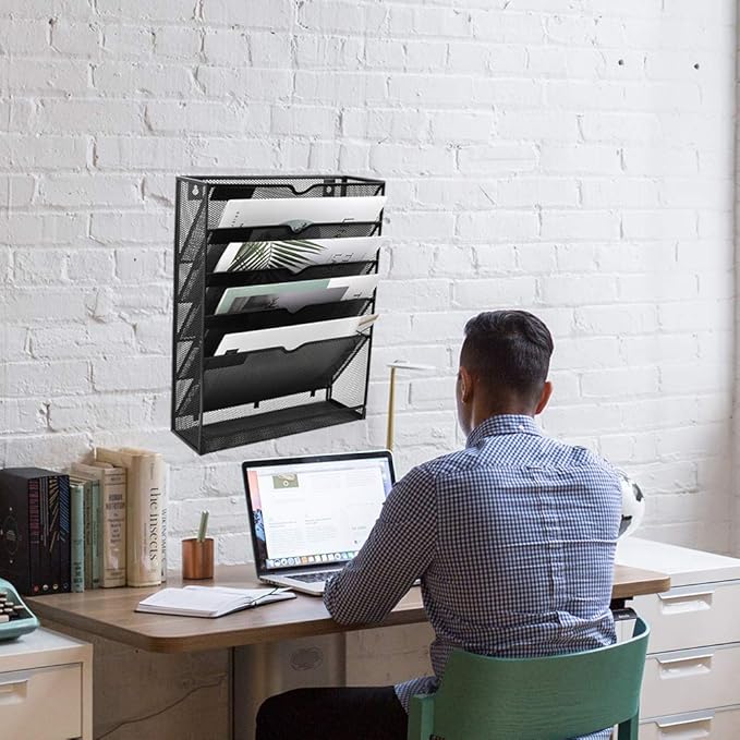 EASEPRES Desk File Organizer Mesh 6-Tier, Hanging Wall Mount Document Organization Stand, Desktop Vertical Mail Paper Folder Holder Rack with Bottom Tray for Office Home Cubicle, Sides Closed, Black