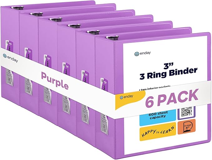 3 Slant D-Ring Binder 3 Inch Purple, 3 in Clear View Cover with 2 Inside Pockets Binder, Heavy Duty Colored School Supplies Binders,Also Available in Green, Grey, Red, Blue, Pink (6 PC) – by Enday