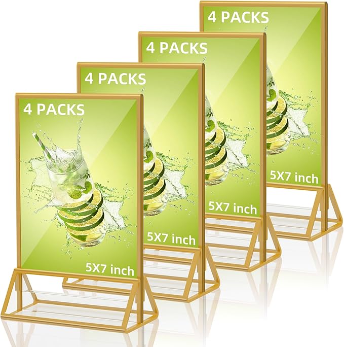 Acrylic Sign Holder 5X7 Gold Picture Frame,Double Sided Clear Display Stand , Table Acrylic Stand for Home Office Shop Restaurant (4pcs)
